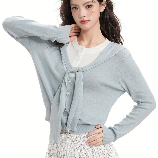 CHOCOOLATE it women's sweater Korean style shawl fake two-piece sweater for women 2025 autumn and winter waist slimming top blue one size