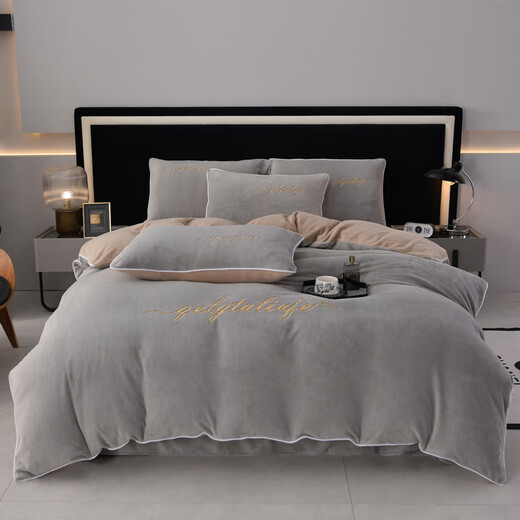 VJEA winter milk velvet four-piece set thickened warm double-sided velvet bed sheet quilt cover anti-static baby velvet high weight elegant - gentleman gray four-piece set 1.8m bed sheet style - quilt cover 200*230cm