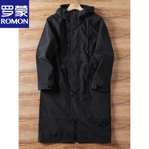 Romon Black Extra Large Size 2025 Spring and Autumn New Men's Hooded Mid-Length Parka Windbreaker Men Black XL