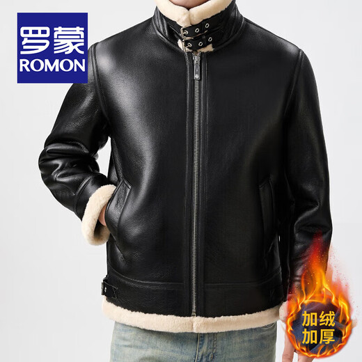罗蒙（ROMON）皮毛一体加绒皮衣男士秋冬季羊羔绒舒适保暖外套加厚机车皮夹克男 黑色 【皮毛一体】 XL /180