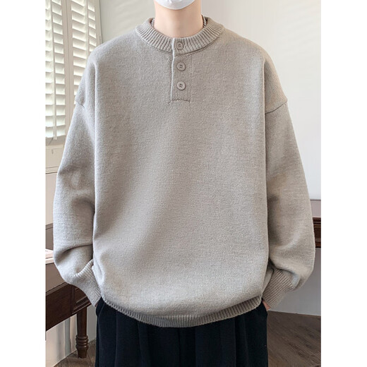Xinghelai American trendy brand Henry collar sweater autumn and winter for men and women solid color lazy style sweater cleanfit loose jacket light gray 3XL