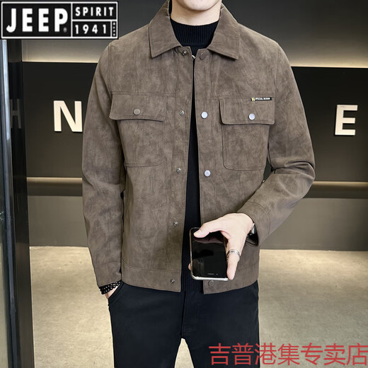 JEEP SPIRIT motorcycle leather jacket men's spring and autumn 2025 new style handsome trendy brand pilot slim men's leather jacket coffee color 3XL