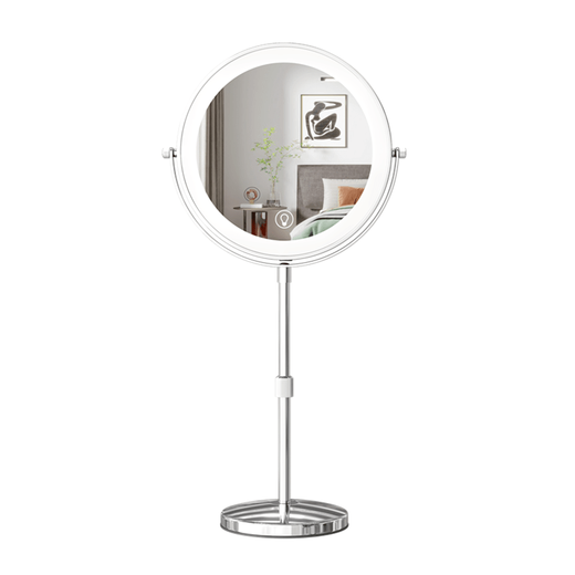 Large LED makeup mirror that can be raised and lowered, telescopic double-sided mirror with light, desktop magnifying mirror, height-adjustable 9 inches_Silver_Straight pole_5x magnification