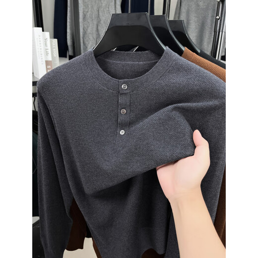 EMZ Ordos high-end worsted wool sweater men's Henry round neck casual fashion thin sweater spring and autumn wool dark red brown M