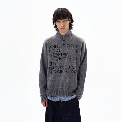 Oiro's shop American retro lazy high-end knitted Henley shirt men's letter printed green sweater couple trend medium gray M