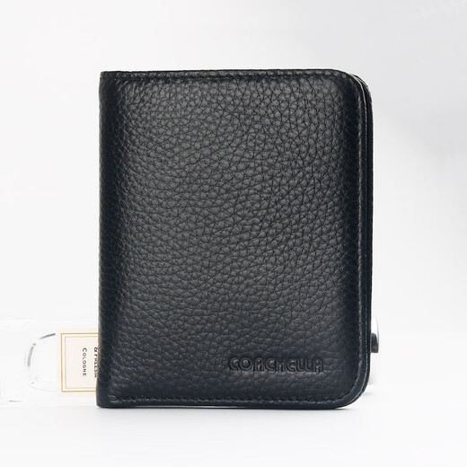 Goldlion Genuine Leather Wallet Men's Short Mini Simple Wallet Multifunctional Folding Soft Wallet Driver's License Card Holder Black