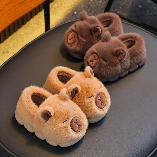 Kapibara winter children's bag with cotton shoes to keep warm at home. Furry EVA bottom non-slip cotton slippers for small and medium-sized children. Upgraded environmentally friendly material light brown color 12 38/39 size (suitable for 37/38 feet)