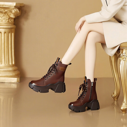 QIPUSEN brand snow boots for women, plus velvet and thickened northeastern cotton shoes for women, 2025 winter new genuine leather wool Martin boots for women, black 37