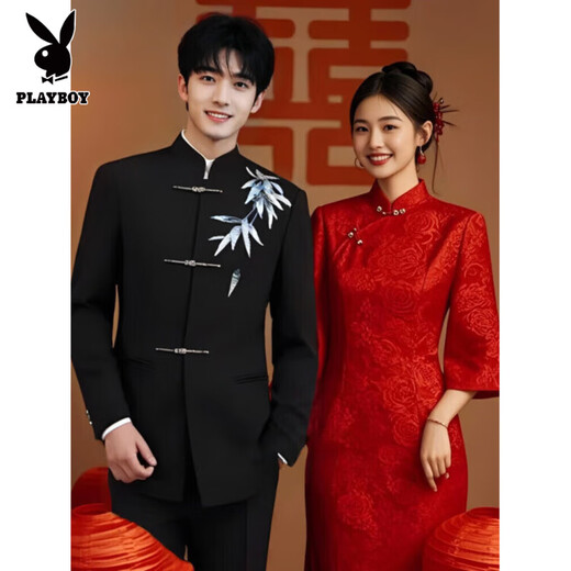 Playboy New Chinese Mao Suit Suit Groom Wedding Suit Toast Suit Casual Retro Tang Suit Black Bamboo Leaf Embroidered Single Jacket M