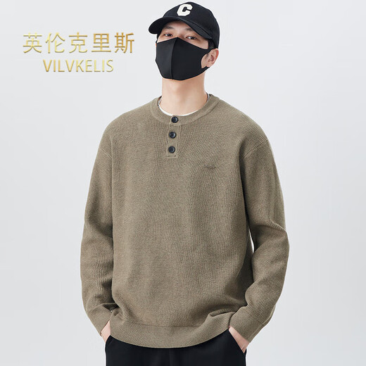 VILVKELIS British Chris sweater men's autumn and winter new loose casual versatile color Henry collar bottoming sweater boys trend gray M _-125Jin Jin equals 0.5 kg