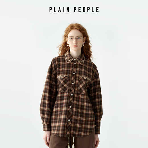 PLAIN PEOPLE Barn style retro college plaid long-sleeved shirt top for women coffee color 2025 winter new style coffee color S