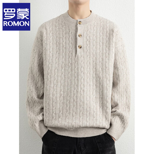 ROMON Lazy Style Sweater Men's 2025 Autumn and Winter New Retro Twist Henley Collar Bottoming Sweater Men's Carbon Black XL