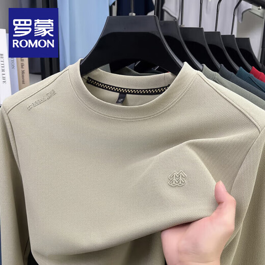 ROMON high-end pure cotton 100% long-sleeved T-shirt pure men's autumn and winter new casual round neck sweatshirt men's top bottoming shirt beige XL 135-150Jin Jin equals 0.5 kg