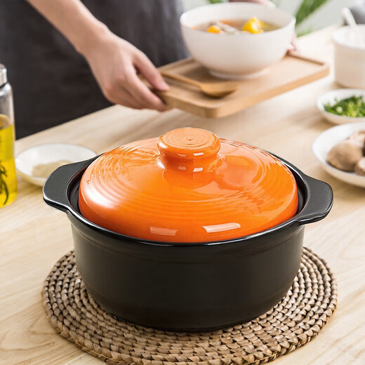 Clay pot large capacity stew pot stone pot household high temperature resistant gas stove open fire stew soup pot special ceramic pot upgraded thickening / strong freshness lock orange lid black pot 1.0L