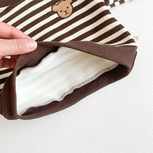 婴儿卫衣春秋装新款儿童打底衫衣服韩版男女宝宝保暖条纹小熊上衣 杏色 73 cm