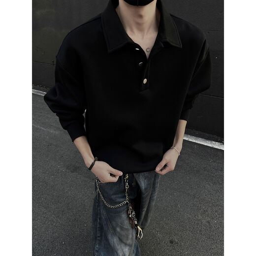 Jingyan selects cleanfit Henry collar sweatshirt for men, spring and autumn American retro polo shirt, handsome, trendy and loose, black M M95 to 115Jin Jin is equal to 0.5kg and can be worn