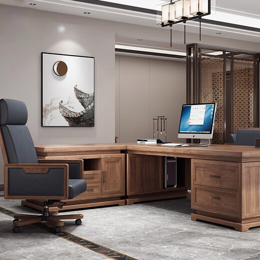 Solid wood boss desk, new Chinese style office desk, background cabinet, high-end president chairman's office, Xiangyun atmosphere desk, customization\color plate, contact customer service