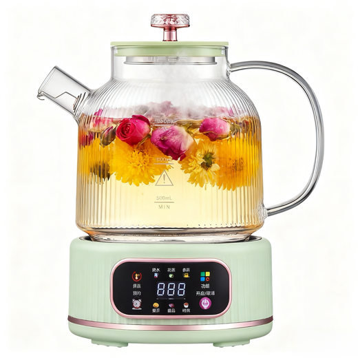 Health pot all glass 0 glue kettle office mini tea maker stewing all-in-one electric kettle home turquoise 1.5L with tea drain/12H smart constant temperature