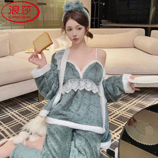 LangSha Sexy Pure Desire Winter Thickened Plush Pajamas Women's Suspender Long Sleeve Three-piece Lace Princess Suit Home Clothes Gray - Three-piece Suspender Set Plush 10XL - Hair Velcro
