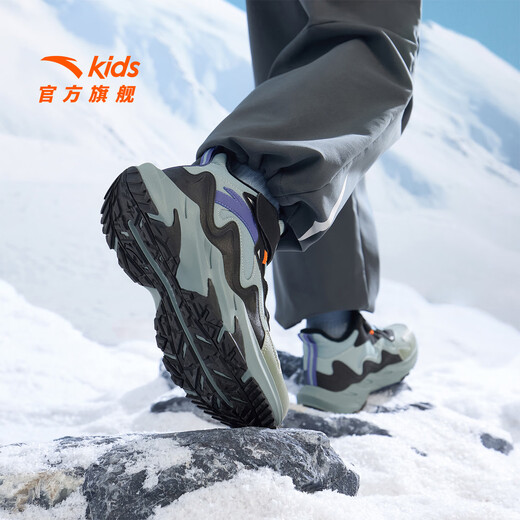 ANTA children's cotton shoes for men and women, big children, autumn and winter, new leather surface, waterproof, non-slip, velvet and Velcro outdoor high-top snow boots, recommended by the store manager, gray/black/slightly smoked green-6 37, shoe inner length 23.5cm