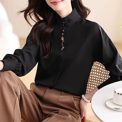 Chinesischer Stil, nationaler Stil, besticktes Oberteil, Frühling und Herbst, neue Mode, Hemd im westlichen Stil, große Größe, Stehkragen, Plattenknopf, Hanfu-Langarmhemd, Langarmhemd ZS-567*, weiß, L (105–120 Jin entspricht 0,5 kg)