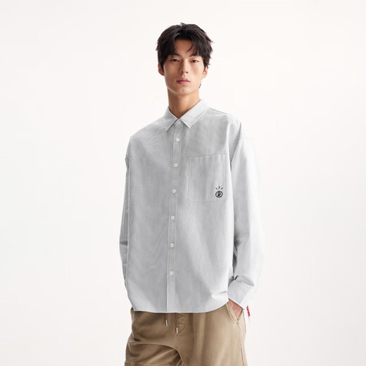 杰克·琼斯（JACK&JONES）【衣启赢运】 男装25年秋季衬衫男纯棉竖条纹宽松休闲长袖衬衫 灰白色 常规 M 偏大,建议拍小一码