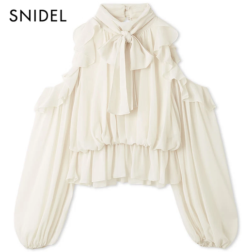SNIDEL2025 new autumn and winter sweet ruffled off-shoulder pleated bow tie shirt SWFB255028 ivory white one size (F)