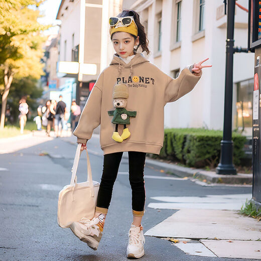 Girls sweatshirt spring and autumn 2024 new style for children, girls, big children, autumn and winter velvet tops, fashionable children's clothing for girls, Korean version, off-white spring and autumn style, 110, 120 sizes, recommended around 110CM, this size does not come with a hood string