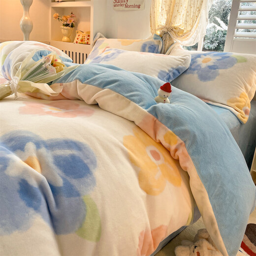 Hongdou Home Textiles Winter Thickened Warm Milk Velvet Bed Four-piece Set Double-sided Velvet Bed Sheets and Quilt Covers Flannel Coral Velvet Bed Sheet Covers Colorful Flower + Baby Blue Velvet Warmth Skin Friendly Anti-static Suitable for 1.2m Bed Sheets - Quilt Cover 150*200cm
