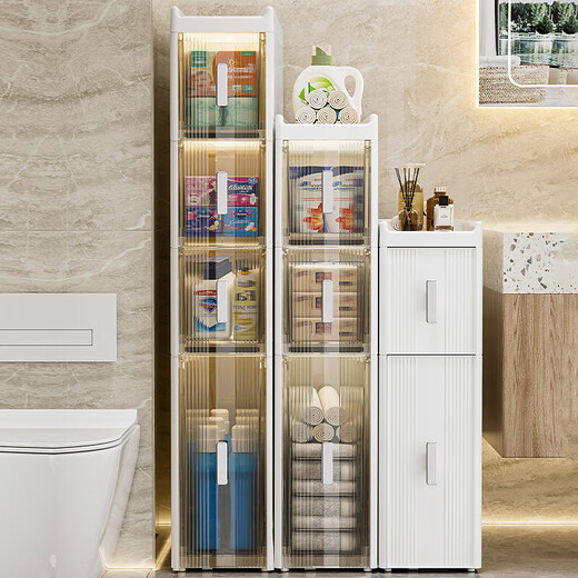 Installation-free lockers, bathroom multi-layer drawer storage cabinets, toilet refrigerator gap cabinets, kitchen narrow cabinets, gap cabinets, 14cm wide, pure white and transparent, 6 layers