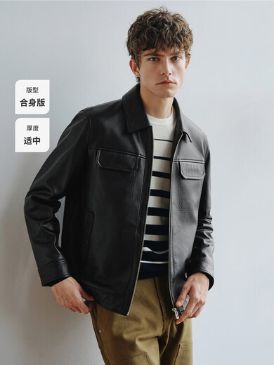 纳维凯尔（Navigare）意大利小帆船老钱风牛皮皮衣男2025秋季新款翻领真皮夹克 0979暗夜黑 S
