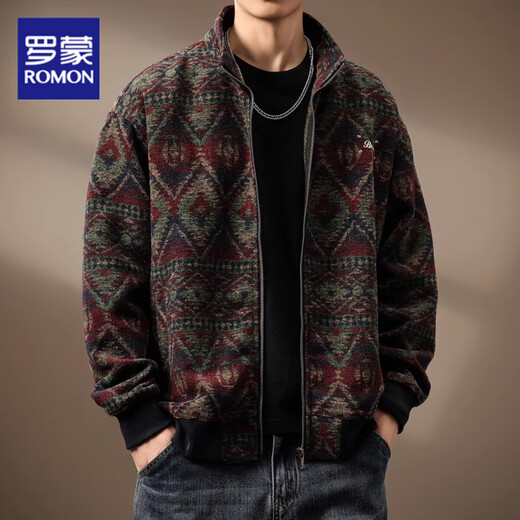 ROMON high-end ethnic style wool knitted jacket men's autumn and winter loose large size heavy retro cardigan sweater men's fashion red XL suitable for 140-160Jin Jin equals 0.5 kg