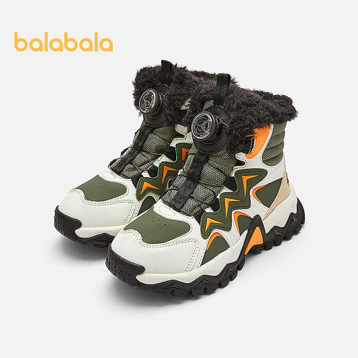 BALABALA shopping mall same style children's shoes children's sports boots plus velvet and thickening 2025 winter new boys' boots military green 40601 27 (foot length 16.3-16.7/inner length 17.7)