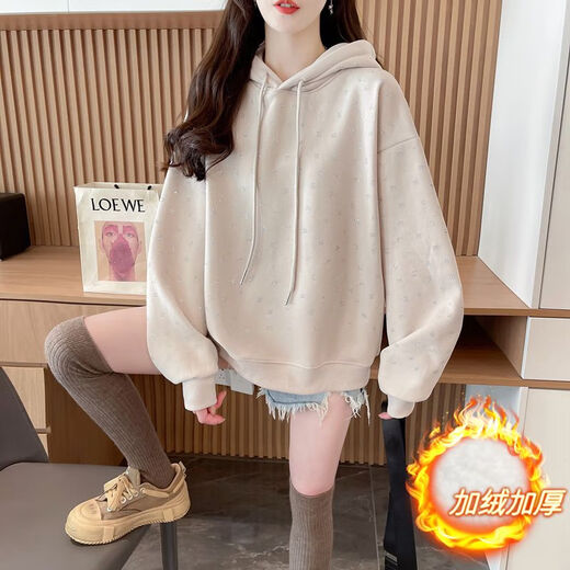 妃丽慕尚纯棉烫钻连帽卫衣女套头上衣秋冬季慵懒风加绒加厚宽松红色外套潮 D1049黑色【常规】 XL 建议150斤以内