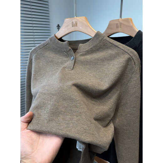 Falling American Henry Collar Sweater Men's Thin Autumn and Winter Youth Color Versatile Sweater Men's Pullover Tops Carbon Gray M