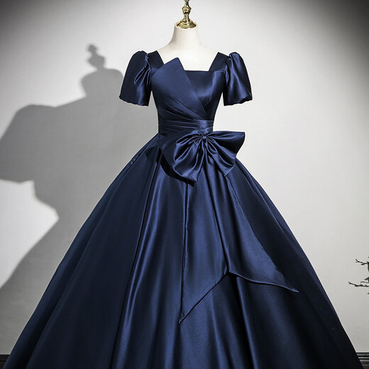 Libaixin225 New Vocal Art Test Bel Canto Satin Blue Dress Lady Host Stage Adult Ceremony Evening Dress Navy Blue 3XL Recommended 130-135 Jin Jin equals 0.5 kg