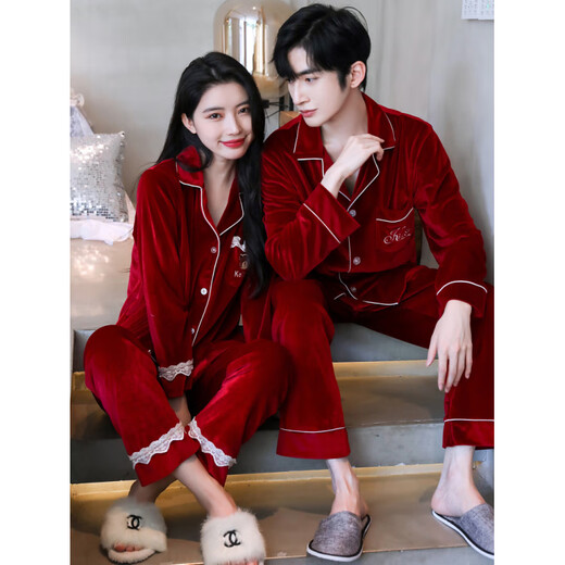 Victoria's Secret Autumn and Winter Gold Velvet Couple Pajamas for Women Red Wedding Bride Spring and Autumn Men's Long-Sleeved Home Clothes 713 Blue Gray Couple Suit (Gold Velvet) XL Women Get Men's XL