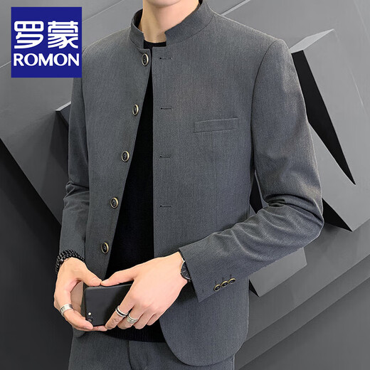 ROMON New style Chinese tunic suit men's suit trendy youth handsome retro stand collar wedding Tang suit small suit black single suit XL