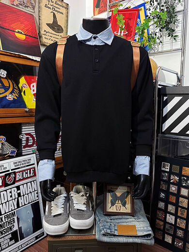 Jingyan selects American retro shirts spliced with fake two-piece long-sleeved T-shirts for men, autumn Henry collar, versatile shoulder guard, black upgraded version 95 user choice M M