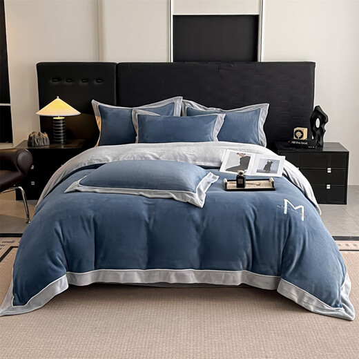 Nanjiren Jiangsu Nantong milk velvet four-piece set Class A maternal and infant grade double-sided velvet baby velvet coral velvet wide-brimmed quilt cover Maria Velvet - Bentley Blue + Star Gray Sheet Style 1.8m Four-piece Set - Quilt Cover 200x230cm