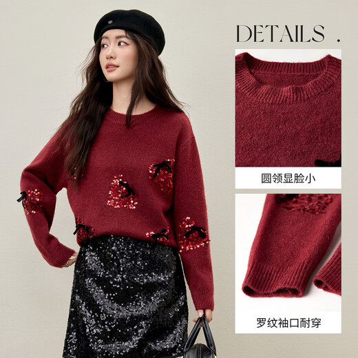 Shandubila New Year Red Sheep Wool Thick Sweater Women's Winter Warm Round Neck Sweater Age-Reducing Strawberry Sequins Loose Top