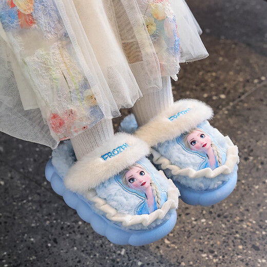 2025 winter children's cotton slippers for girls, non-slip indoor warm plus velvet girls' Elsa Princess home cotton slippers, upgraded version of environmentally friendly material sky blue (heel included) 12 30/31 size (shoe inner length 18CM, suitable for feet 17