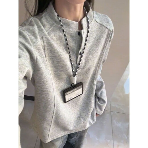 WVZW American Henry collar polo shirt sweatshirt for men and women in autumn deconstructed splicing long-sleeved T-shirt cleanfit shoulder top gray 2XL (recommended 135-150Jin Jin equals 0.5 kg)