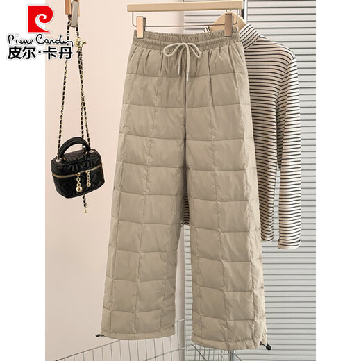 Pierre Cardin European Station Thickened Warm Down Cotton Pants Women's 2026 Winter Elastic High Waist Slim Straight Casual Padded Wide Leg Pants Off-white (small amount) XL recommended 125-140Jin Jin equals 0.5 kg