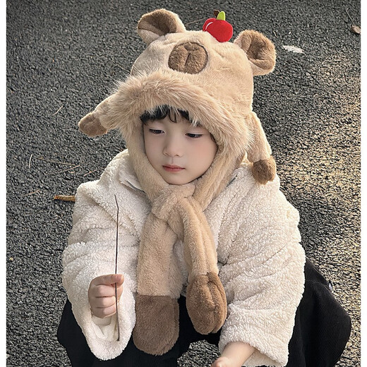 Mumuwu Kapibala hat and scarf all in one children's ears will move when you pinch them 2025 new autumn and winter boys and girls winter