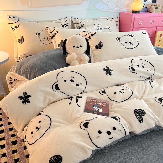 Hongdou Home Textiles Winter Thickened Milk Velvet Bed Four-piece Set Warm Coral Baby Velvet Sheets and Duvet Covers Double-sided Velvet Quilt Cover Bedding Black and White Bear Double-sided Velvet Thickened Warm 1.8m Sheet Style Four-piece Set - Quilt Cover 200*230cm