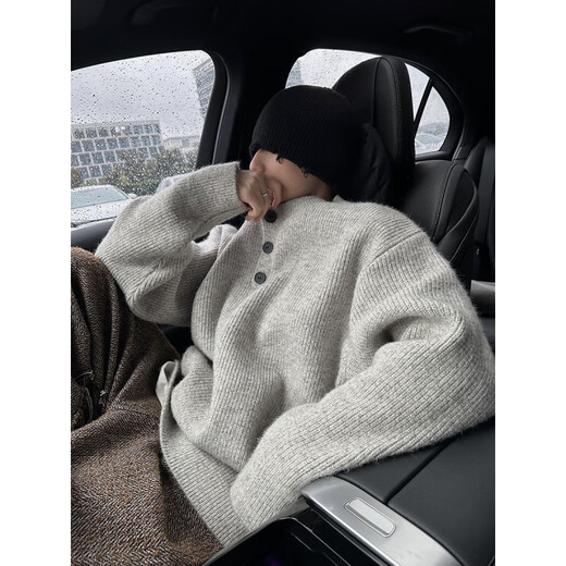 Autumn and winter retro lazy old money style heavyweight thickened loose outer wear and inner Henry collar sweater sweater men's trend gray M _100Jin Jin is equal to within 0.5 kg