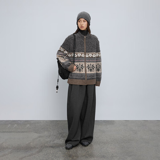 Half circle yarn women's clothing retro 2025 autumn and winter loose stand-up collar Fair Isle pattern knitted sweater for women gray M