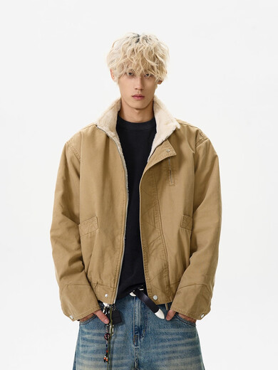 OEMG American retro pilot cotton jacket men's autumn and winter trendy brand tops jacket short work clothes plus velvet jacket Khaki XL recommended 110-130Jin Jin equals 0.5 kg