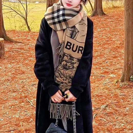 BURBERRY Double Eleven genuine women's scarf with large letters logo print, fashionable and versatile double-sided wool shawl, warm scarf, beige UNI